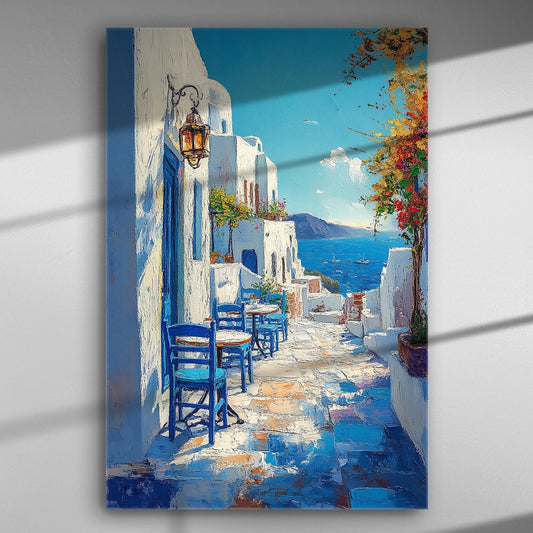 Canvas print of a Greek island scene with blue chairs and the sea in the background.
