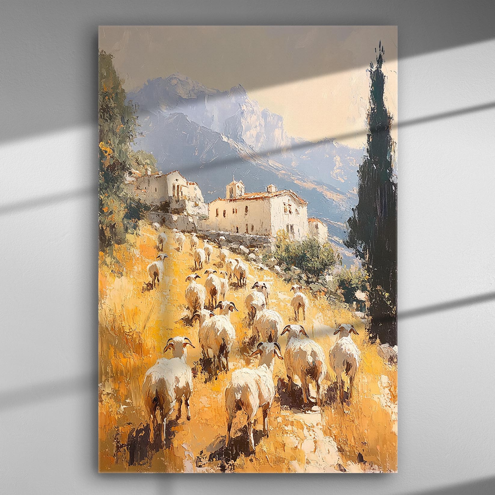 Mountain village with sheep walking along a golden field, canvas art print.