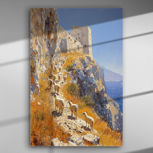 Landscape painting of goats on a cliff with a medieval tower in the background.
