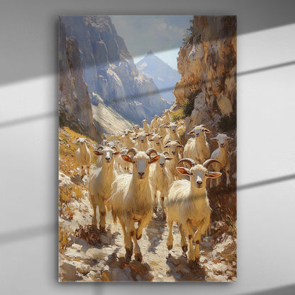 Mountain herd of goats walking on a rocky path with mountains in the background.