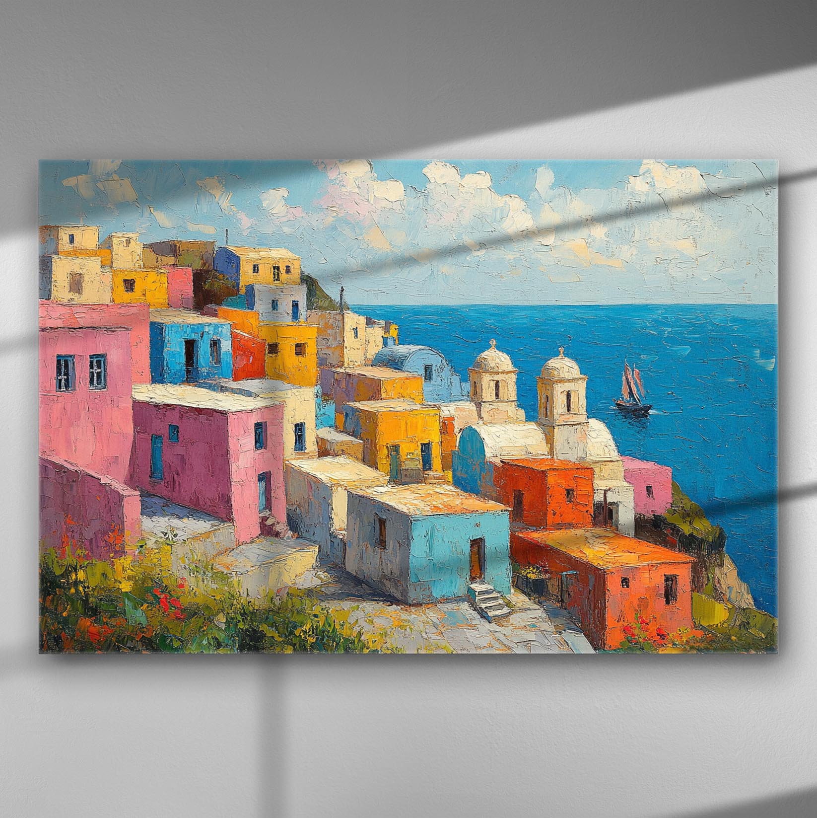 Colorful Mediterranean houses overlooking the sea on canvas.