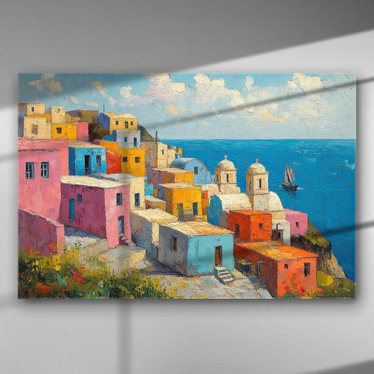 Colorful Mediterranean houses overlooking the sea on canvas.