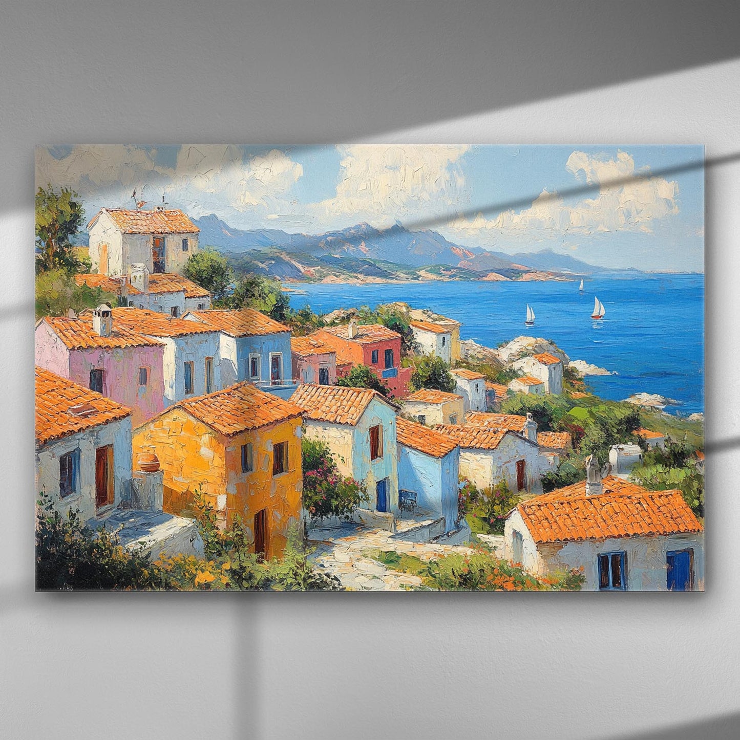 Traditional village with sea view, vibrant colors, canvas art.