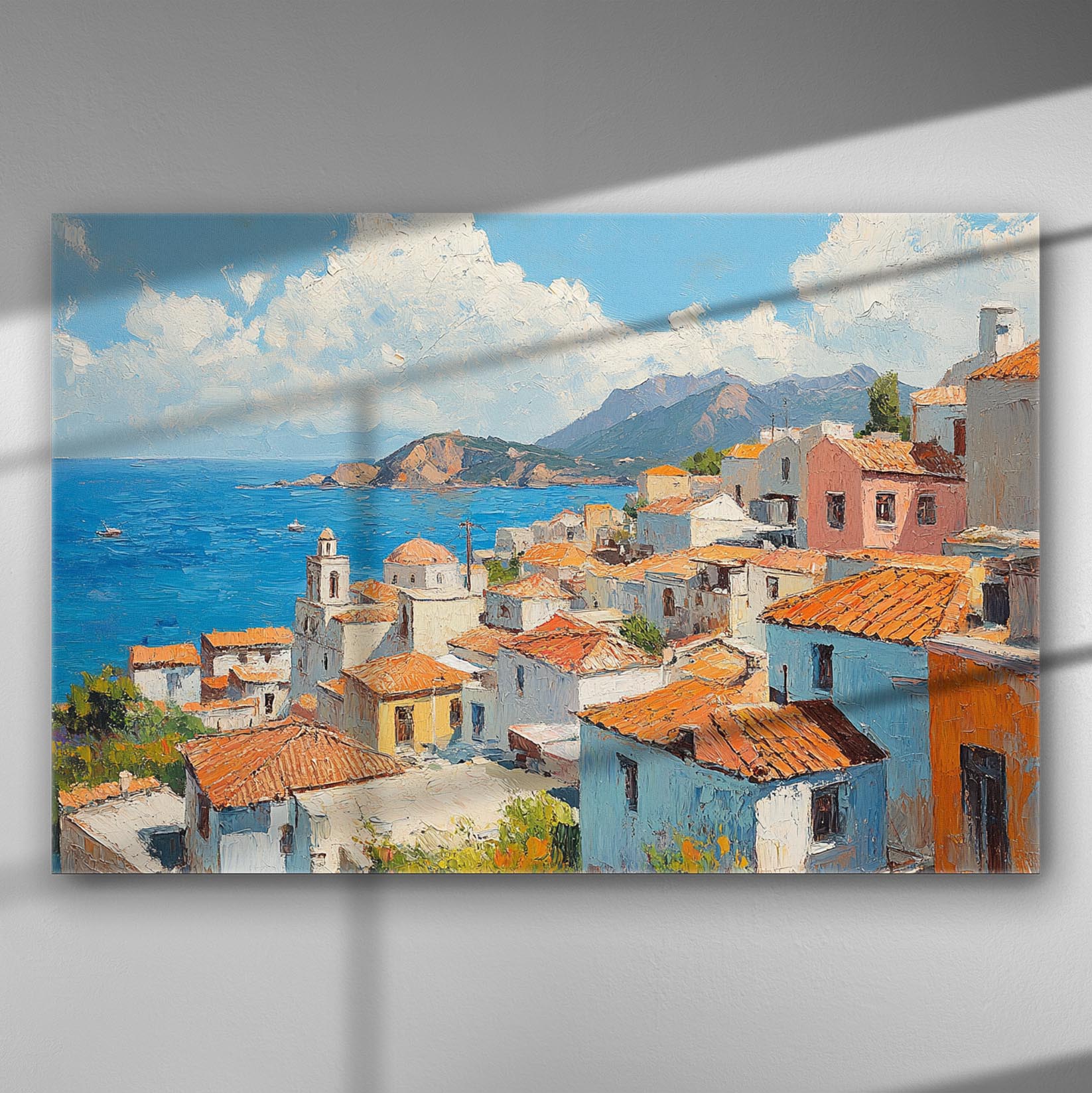 Canvas print of a Mediterranean village with colorful houses by the sea.