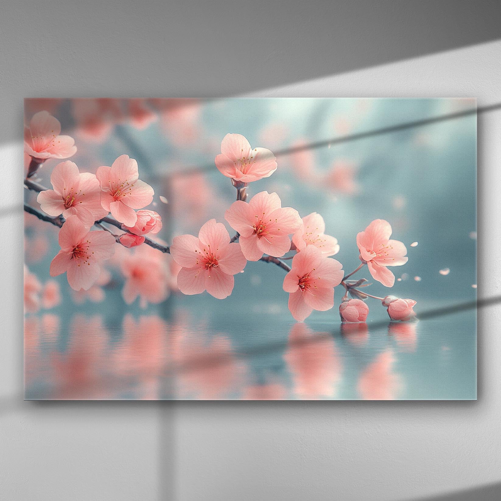 Delicate cherry blossoms over glacial water captured in fine detail on canvas.