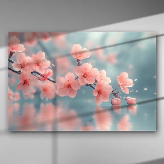 Delicate cherry blossoms over glacial water captured in fine detail on canvas.