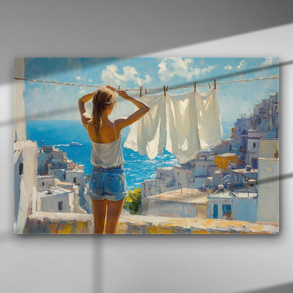 Woman in summer clothes on balcony overlooking Aegean Sea with white houses and blue sky.