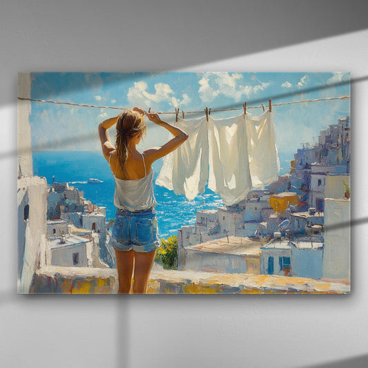 Woman in summer clothes on balcony overlooking Aegean Sea with white houses and blue sky.
