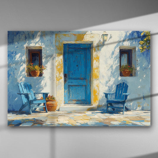Canvas print of a charming blue door and flower pots in a Mediterranean setting.
