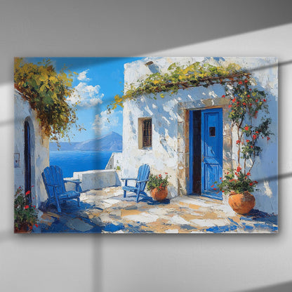 A serene Greek island scene with traditional white buildings, blue doors, and sea view on canvas.