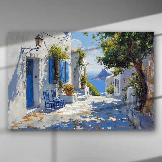 Mediterranean street scene with white and blue colors on a canvas print.