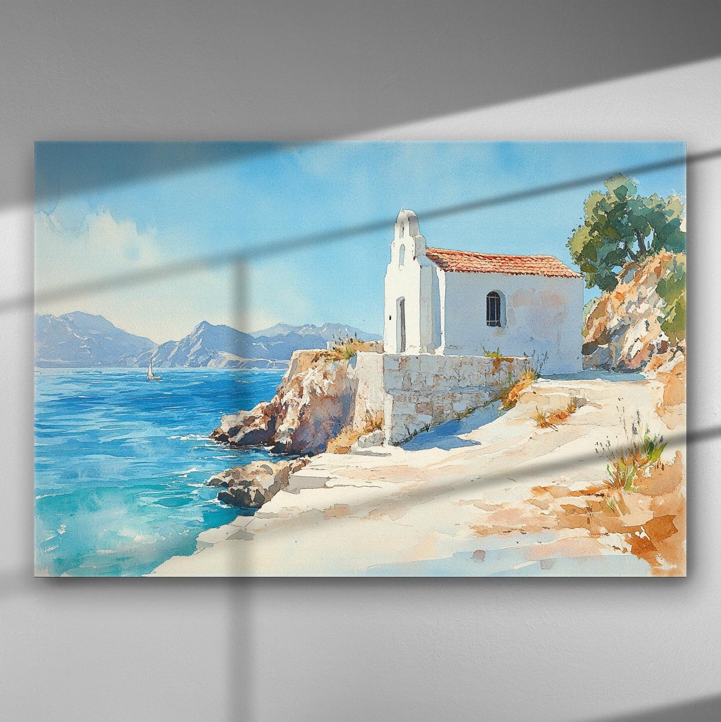 Canvas print of a coastal chapel and sea, capturing the tranquil ambiance of the Aegean landscape.