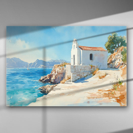 Canvas print of a coastal chapel and sea, capturing the tranquil ambiance of the Aegean landscape.