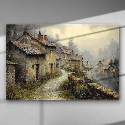 A picturesque village at dusk with stone houses and warm glowing windows on a canvas print.