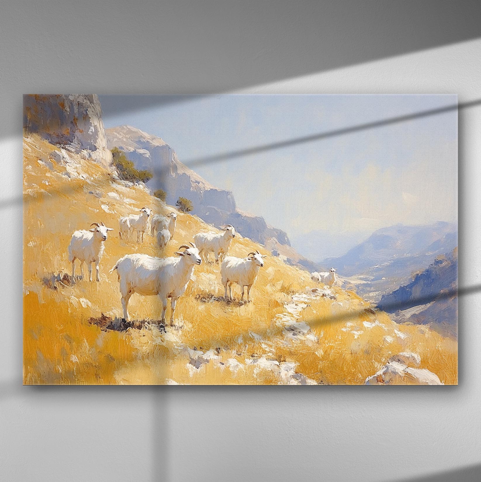 Serene landscape with sheep on a mountainside captured in a canvas painting
