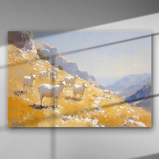 Serene landscape with sheep on a mountainside captured in a canvas painting