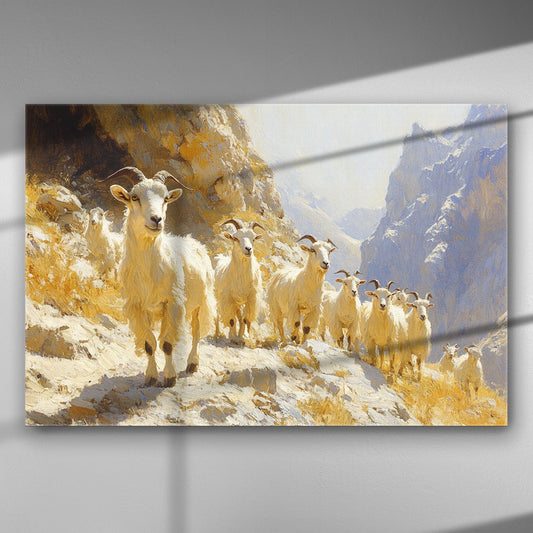 Mountain goats navigating rocky terrain with sunlight creating a dramatic effect.