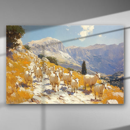 Herd of goats on a mountain path, artistic landscape painting on canvas.