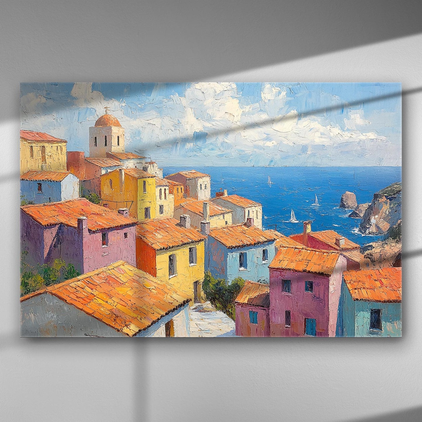 Mediterranean village with colorful houses and sea view in a canvas art print.