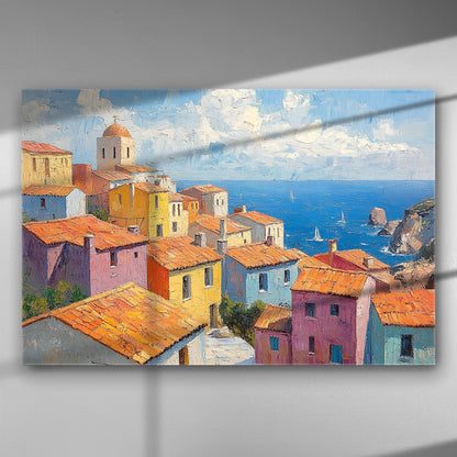 Mediterranean village with colorful houses and sea view in a canvas art print.